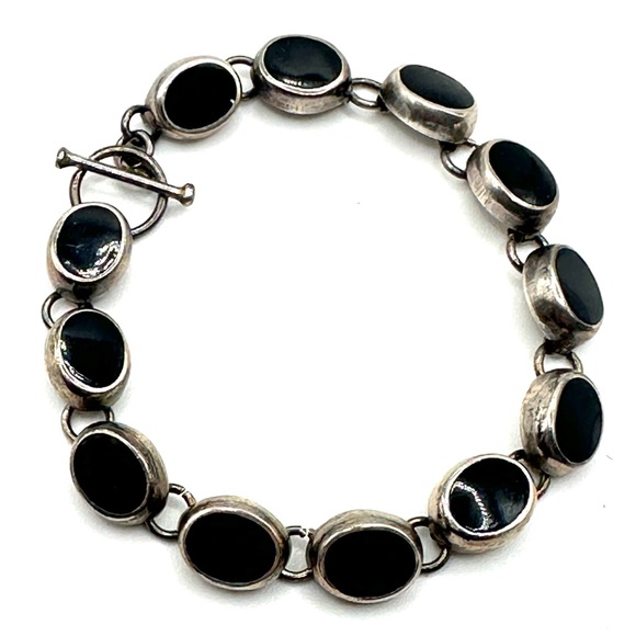 Sterling Silver 925 Black Onyx Link Bracelet 7 1/4” Toggle Closure - Picture 12 of 12